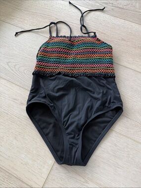Hobie Black One-Piece Swimsuit with Multicolor Smocked Top